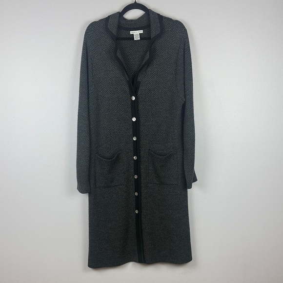 Deane & White Merino Wool Blend Gray Herringbone Long Cardigan Size Large - Picture 2 of 12